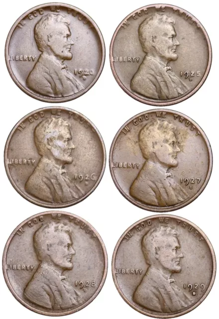 1920-D - 1929-D ALL DENVER MINT Lincoln Wheat Cent Pennies G/VG (6 COIN LOT)