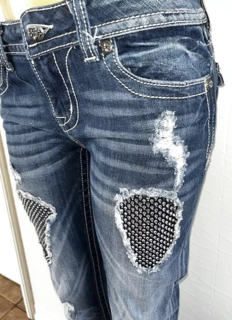 Rare MISS ME Crystal-covered Distressing Flap Pocket EASY BOOT jeans-27 Fit 28 6