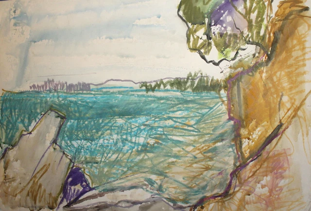 Peinture Aquarelle/gouache Des Années 1960, Style Expressionniste, Thème Paysage — œuvre D'art Vintage