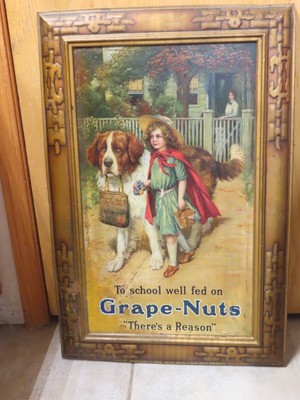 Vintage Original Early 1900s Grape Nuts Self Frame Tin Sign