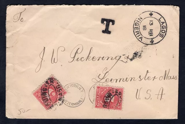 NIGERIA Lagos 1918 Cover to USA. Sent without Stamp. POSTAGE DUE