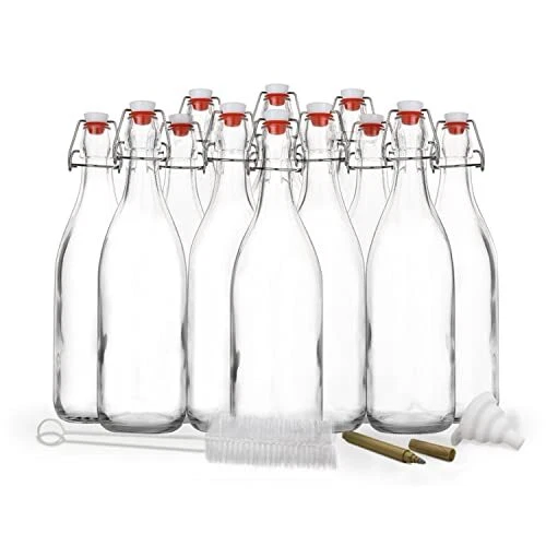 Set of 12, 17 oz Round Glass Bottle Set with Airtight Swing Top Stopp