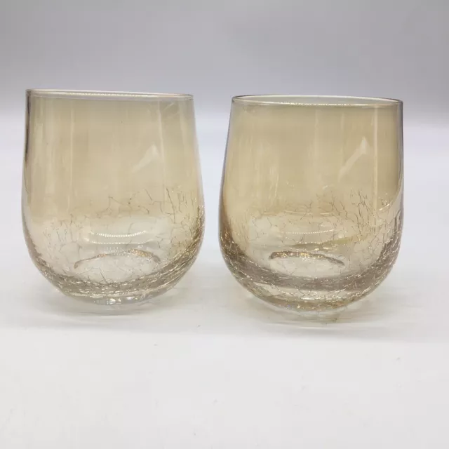 Pier 1 Amber Crackle Luster Stemless Tumbler Wine Glass16 oz 4.5” Tall Set of 2