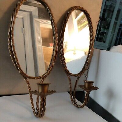 Pair Regency Brass Oval Mirrors With Twisted Rope frames Candle Holders Wall