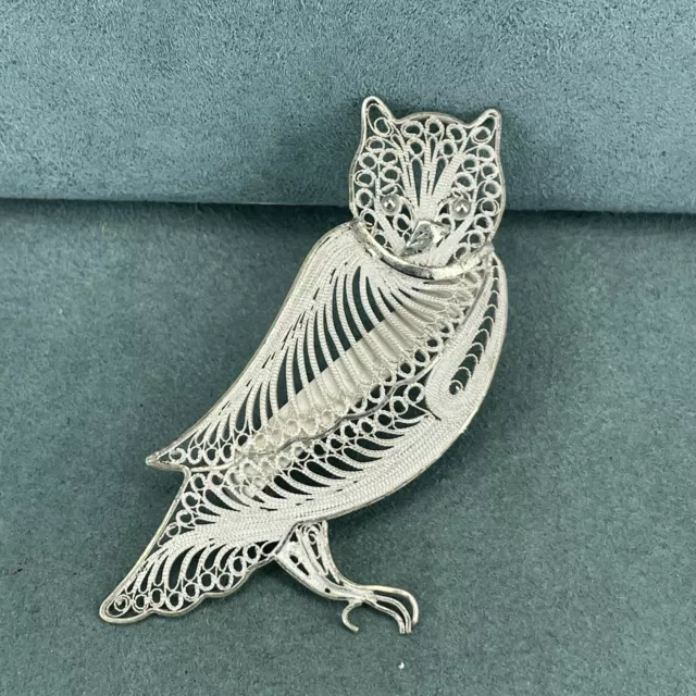 925 sterling silver owl brooch filigree metal work horned owl pin vintage