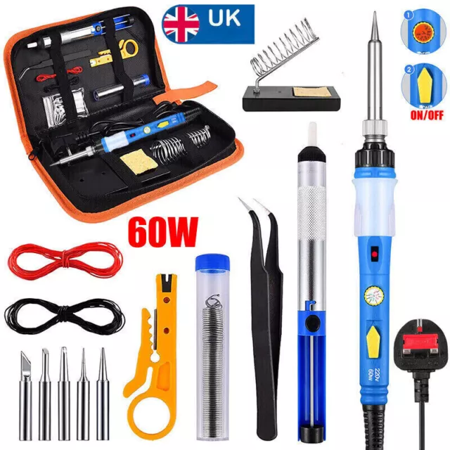 60W Soldering Iron Kit Electronics Welding Irons Solder Tools Adjustable Temp*UK