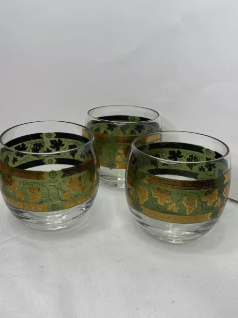 Cera Roly Poly Whiskey Old Fashioned 3 Glasses Green 22K Gold Grapes Mid Century