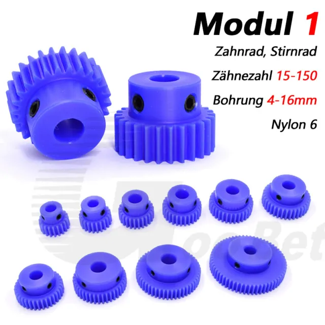 Modul 1 Zahnrad Stirnrad Motor Ritzel mit Nabe Zähnezahl 15 - 150 Nylon Blau RC