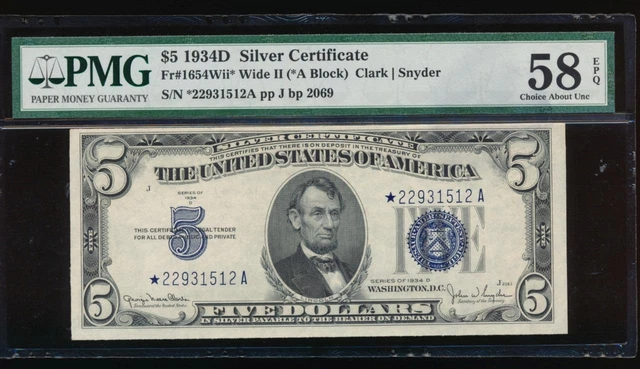 AC 1934D $5 Silver Certificate rare wide II *star* PMG 58 EPQ Fr 1654*
