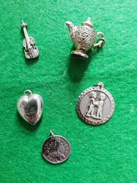 5 X Small Vintage Silver Items, Cherub & Heart Pendant, 1931 Sixpence Guitar Etc