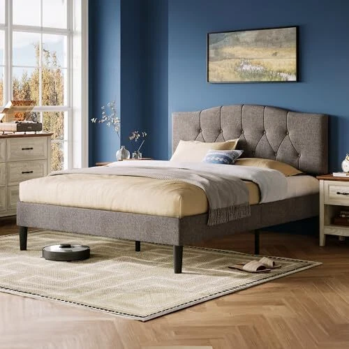 BED FRAME, LINEN Upholstered Platform Bed Frame with Queen Dark Grey £