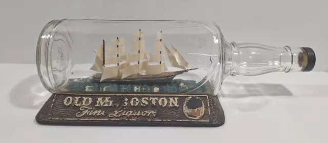 Vintage Ship in a Bottle 15" Handmade Quadruple Sail Mast w/ Old Mr. Boston Base