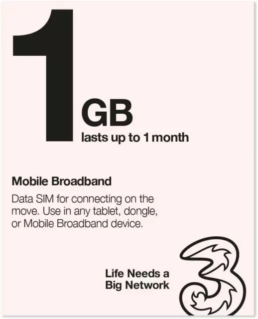 Three Mobile Pay As You Go Mobile Broadband 1 GB data SIM