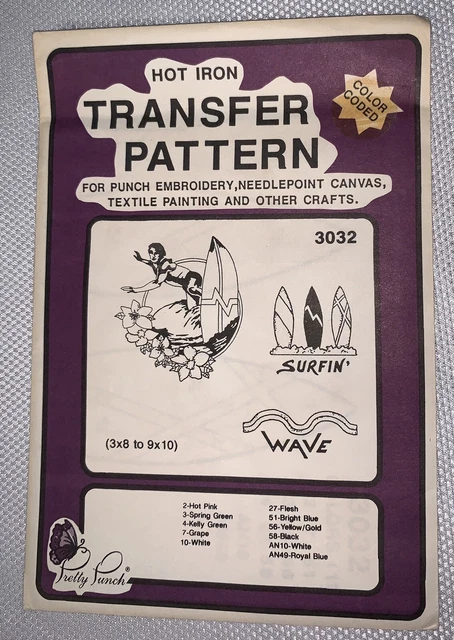C5 '87 Bonito Patrón De Transferencia Codificado Bordado Con Punzón 3032 Tablero De Olas Surfin