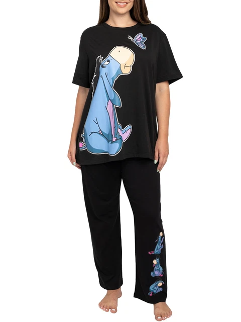 Women's Plus Size Eeyore Butterfly Black T-Shirt & Pajama Pants Lounge Wear Set
