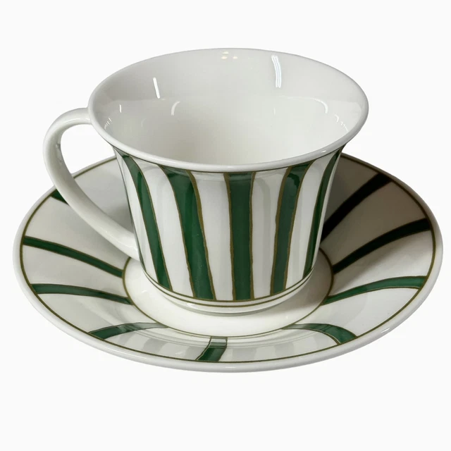 Copa y platillo de porcelana Geminiano Cozzi rayas verdes doradas EXCELENTE