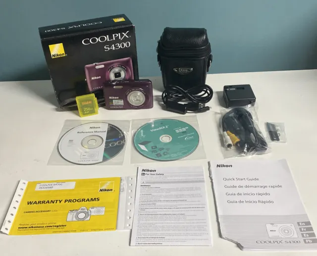 Nikon Coolpix S4300 Purple Digital Camera w/ Charger, Case, SD Card, Box, Manual