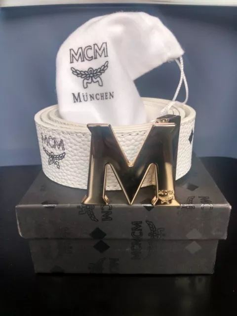 MCM Belt White Claus Reversible Box Dust Bag Included 30-32