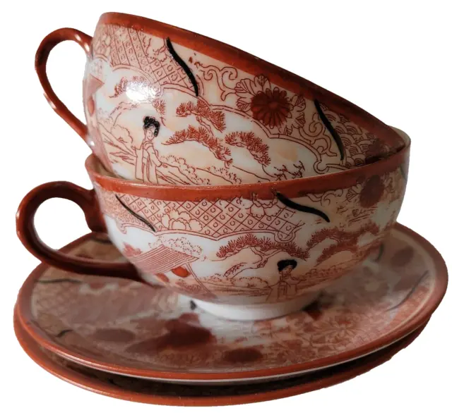 2 x Vintage Japanese Eggshell Porcelain Tea Cup & Saucer Geisha Hand Painted 2