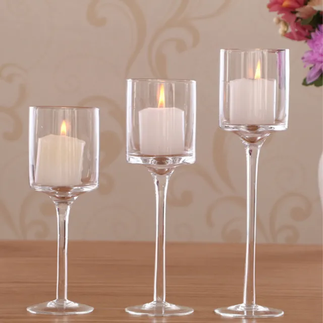 Set of 3 Candlestick Tea Light Candle Holders Tall Goblet Glass Stand Home Decor