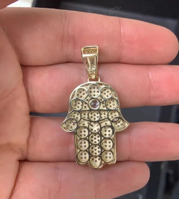 14K Gold over 925 Sterling Silver Iced Hamsa Evil Eye Hand of God Charm Pendant 2