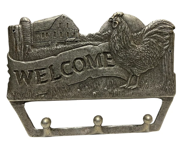 Roaster Key Rack VINTAGE PEWTER ROOSTER Chicken Farm Key Holder Wall Mounted 3 Hooks 8 ...