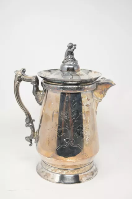 Victorian Kettle Wilcox Quadruple Silver Plate Pitcher w Cherub Lid Ornate