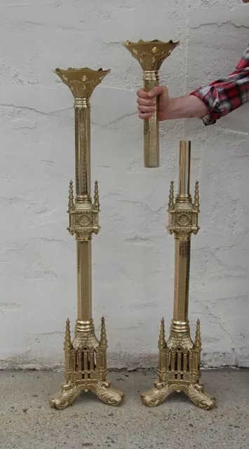 Pair Of 40" Brass Gothic Church Altar Or Processional Candlesticks - #61A