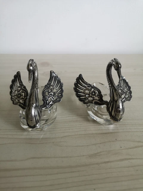 Antique Pair Of Sterling Silver & Glass Swan Salts, Marked 925.