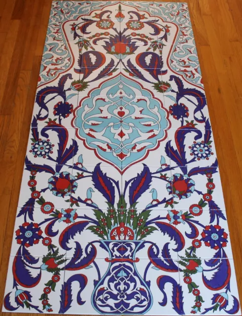 Turkish 32"x71" Iznik Floral Pattern Handpainted Ceramic Tile PANEL Mural