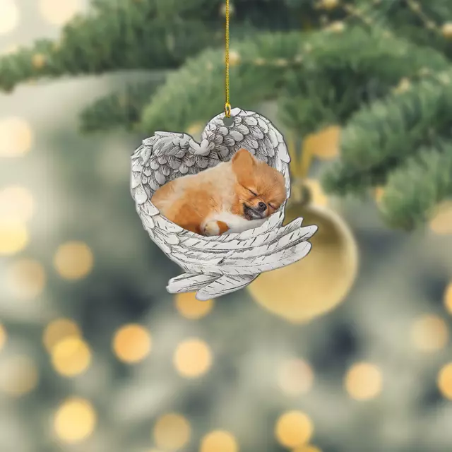 Pomeranian Dog Sleeping Angel Ornament, Dog Angel Wings Christmas Ornament