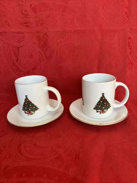 2 Christmas Tree Mugs & Saucers Sea Gull Fine China White Gold Rim Jian Shiang