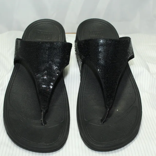 FitFlop Size 7 LULU Black Sequins Sparkle Thong Wedge Comfort Sandals A18-001