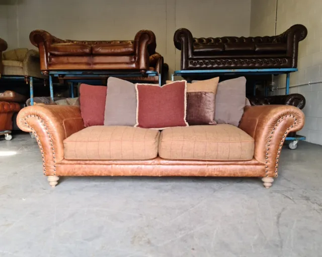 713. Tetrad Leather & Fabric 3 Seater Sofa Brown Chesterfield 🚚🇬🇧
