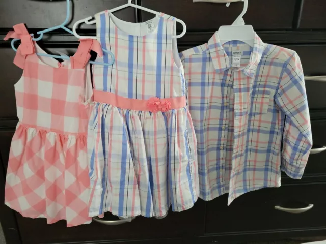 Lot of 2 CARTER'S GIRLS 4T DRESSES & BOYS 7 MATCHING SHIRT - PINK WHITE BLUE