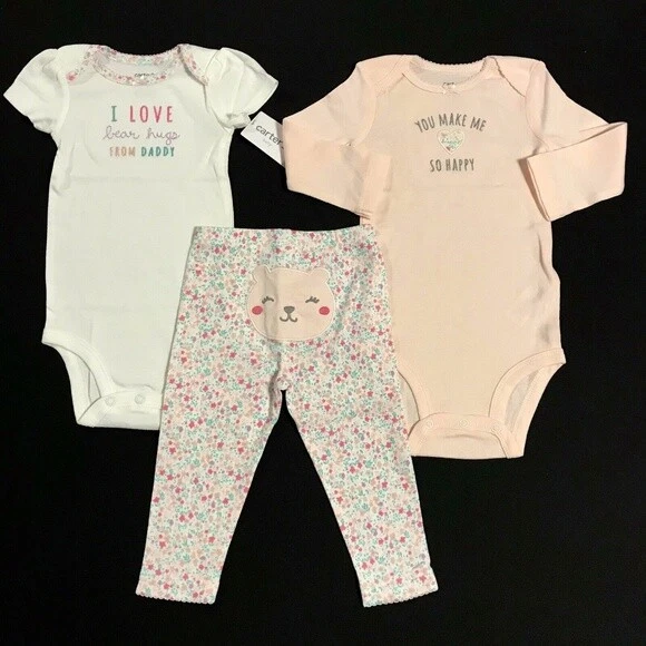 Carters Baby Girls Cute Soft & Comfy 3pc Pants & Tops Outfit Pink /White sz 9-24