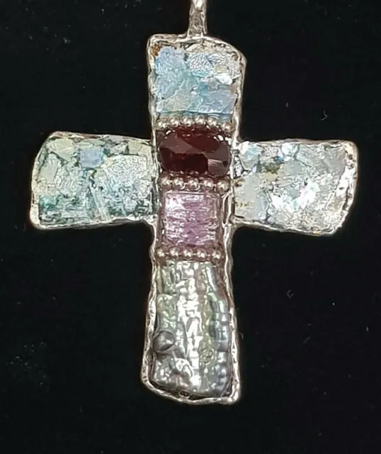 Roman Glass Big Silver Cross 925 Pendent Garnet Ancient Fragments 200 B.C Ascopa