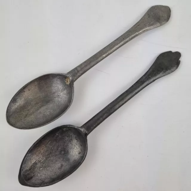 Antique Pair 17th? Century Pewter Trefid Spoons Rare 19cm Long