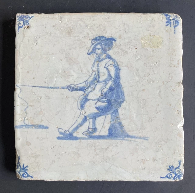 Antique 17th Century Delft Hand Painted Dutch Tile Man Fishing Circa 1600’s