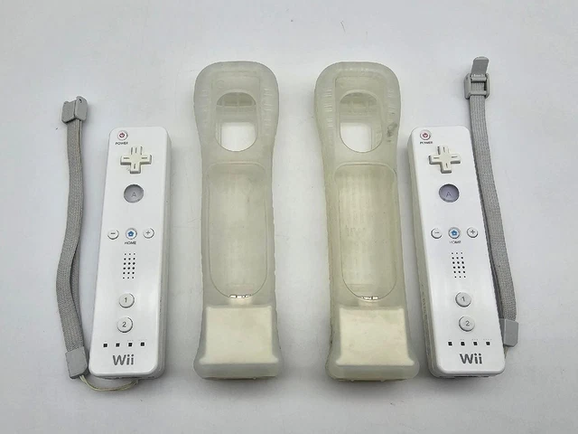 2x Nintendo Wii OEM White Remotes Wiimote w/ Motion Plus Adapters & Skin RVL-003