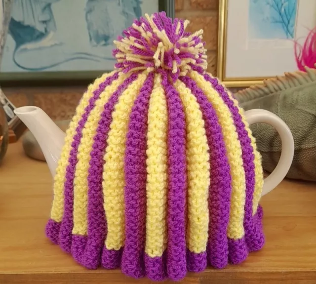 Hand Knitted Multi-Coloured Pleated Tea Cosy For A Medium Tea Pot (4 - 6 Cups)