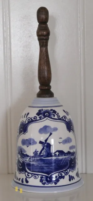 Delft Blaue Porzellan Glocke Holzgriff Windmühle Floral Design Elesva gestempelt