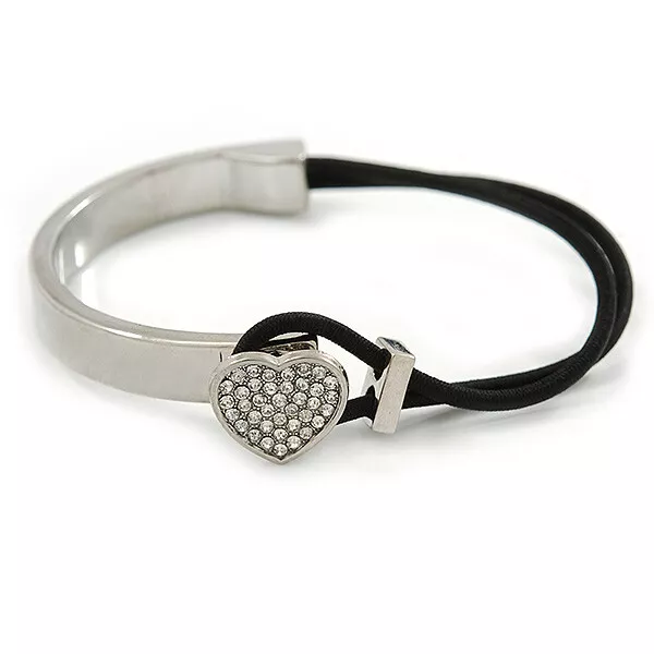 Clear Crystal Heart Bangle Bracelet With Black Silk Stretch Cord In Silver Tone