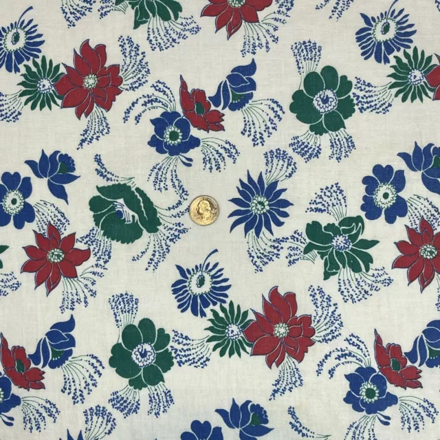 Vtg Floral Feed Sack Red Green Blue Flowers on White Feedsack 45" x 37"