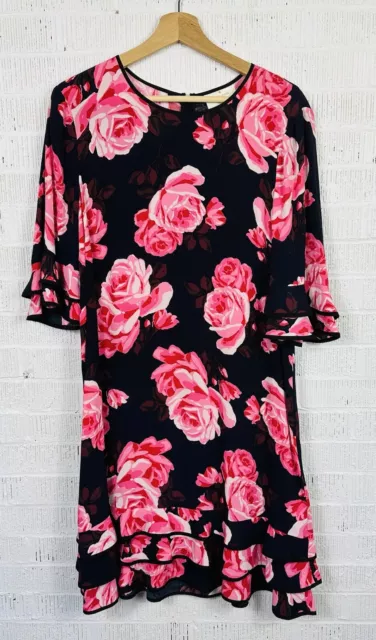 Kate Spade Rambling Roses Rosa Ruffle Shift Dress Size Large Navy Blue Pink