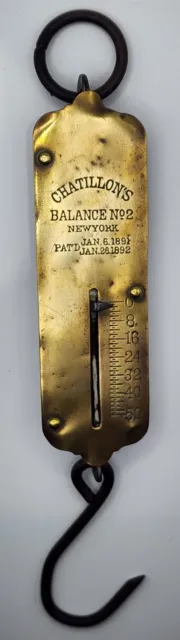 Antique 1892 Chatillon's No 2 New York 50 lb Brass Hanging Balance Scale