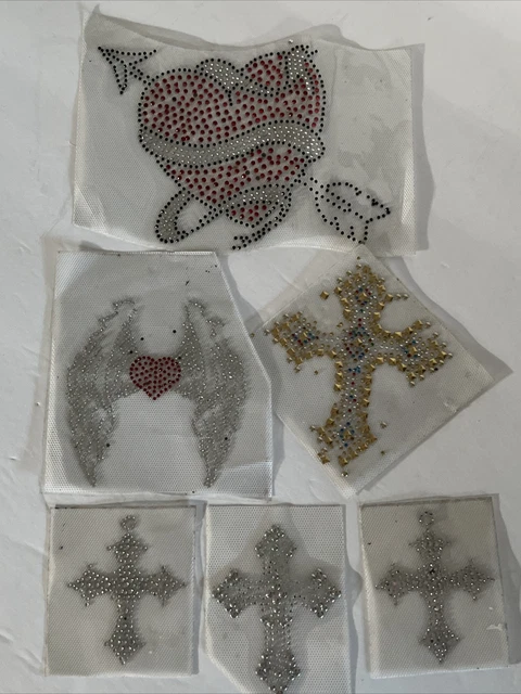 iron on rhinestone appliques Lot Of 6 Hearts Ornate Cross Designs Wings And More