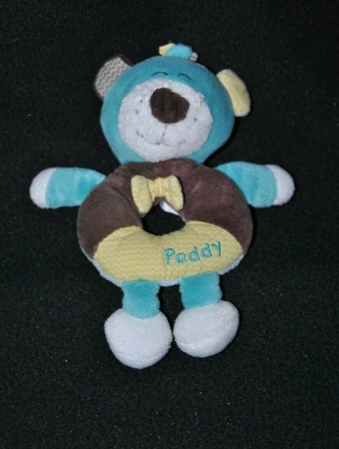 Peluche doudou ours SAUTHON bleu jaune marron Paddy grelot 17 cm TTBE
