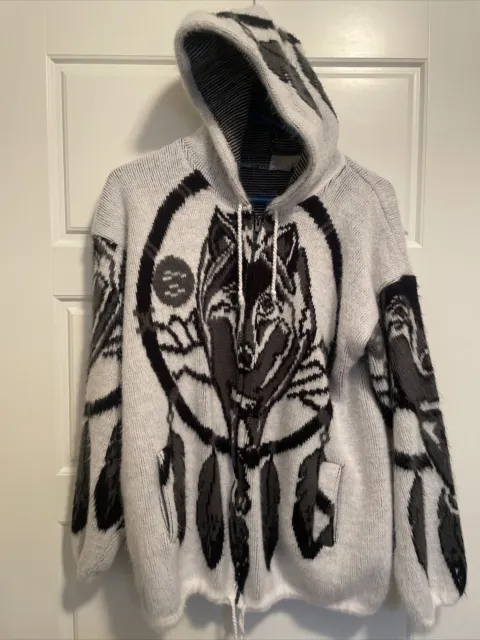 Vintage Native Wolf Feathers Full Zip Wool Knit Hooded Sweater Size M/L