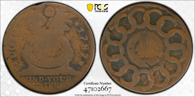 1787 Fugio 1C United States 4 Cinq Pcgs Ag03 1787 Fugio Cent Colonial Coin
